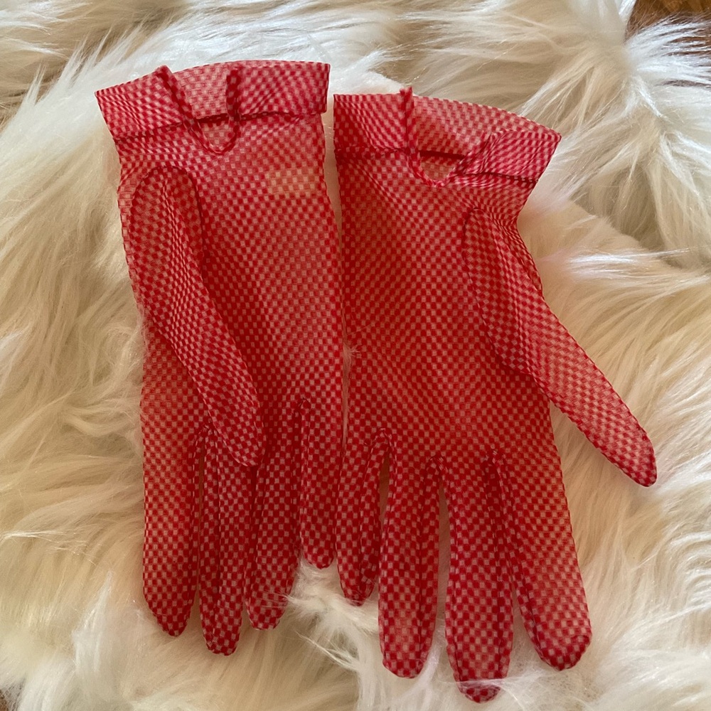 Vintage Inspired Sheer Nylon Mesh, Red/White Gingham Pattern Gloves, USA, Sz 7.5 - Picture 2 of 7